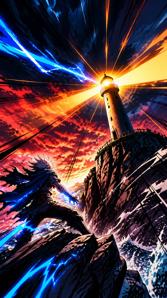 a lone lighthouse on a cliff at dusk under a dramatic sky, no text or lettering — Shonen Action Anime Art Style poster