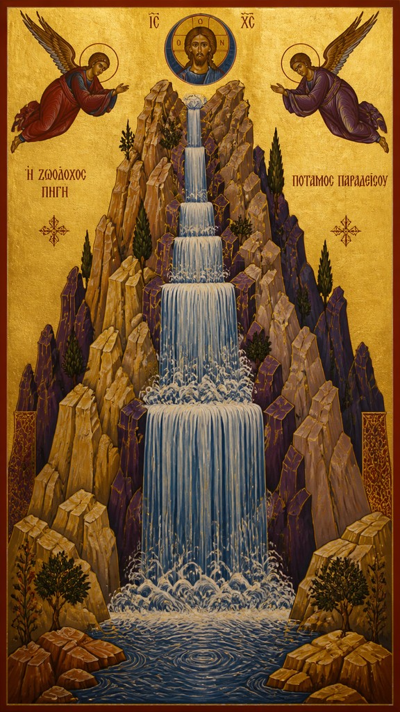 towering waterfall cascading down a cliff — Byzantine Art Style