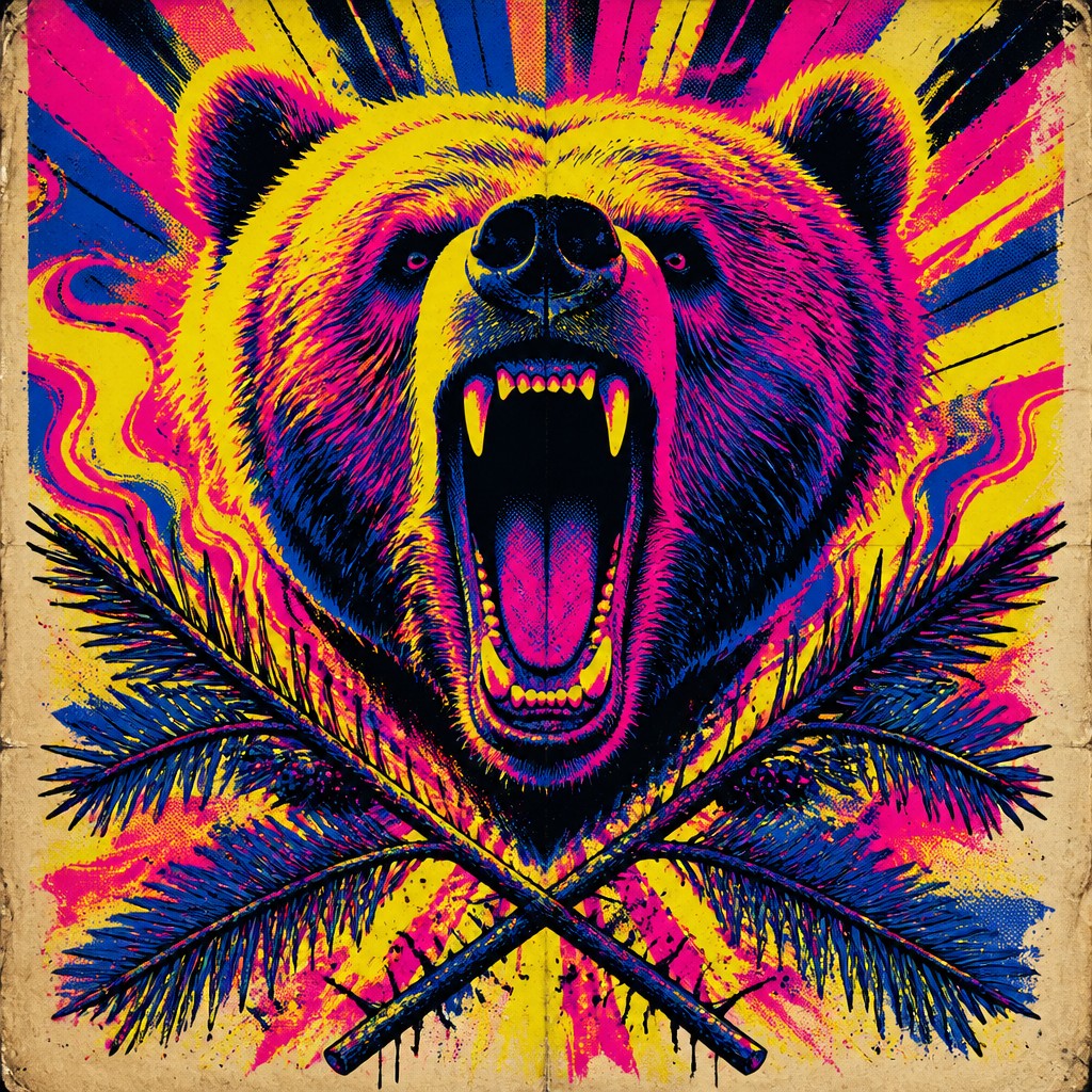 a roaring bear head above crossed pine branches, bold graphic composition on a plain background, no text — Concert Poster Design t-shirt design