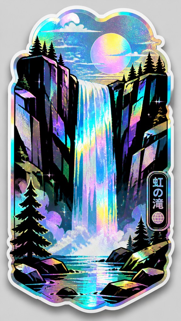 towering waterfall cascading down a cliff — Holographic Sticker Design