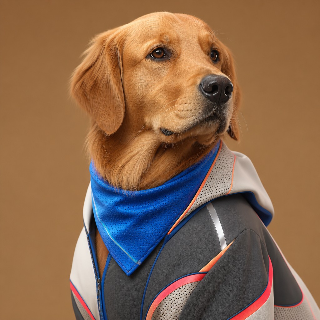 portrait of a golden retriever wearing a blue bandana, warm plain backdrop, no text — Athleisure Fashion Design pet portrait