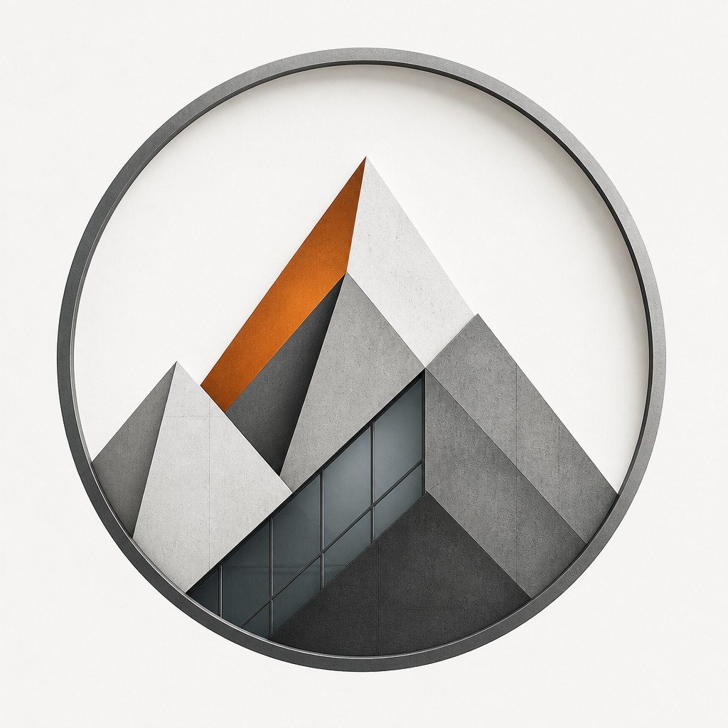 an emblem of a mountain peak inside a circle, simple bold shapes on a plain background, no text or lettering — Modern Architecture Art logo concept