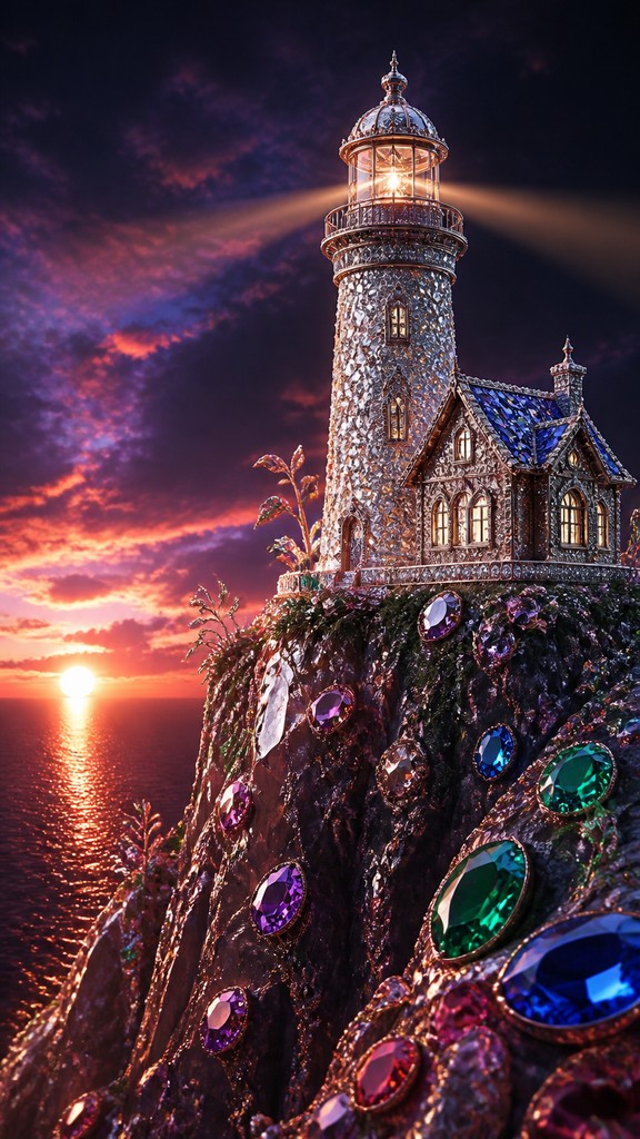a lone lighthouse on a cliff at dusk under a dramatic sky, no text or lettering — Luxury High Jewelry Design poster