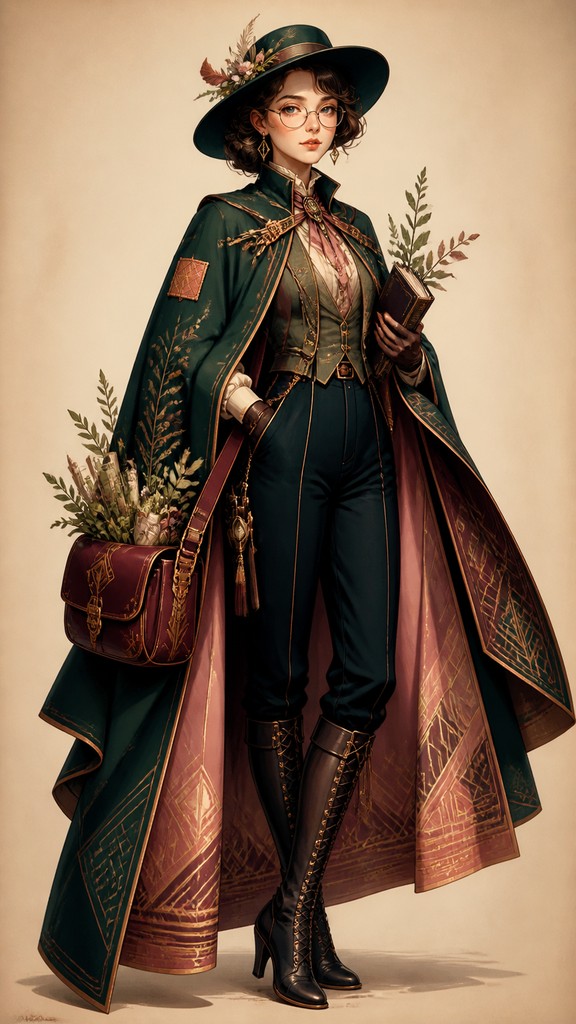 full-body original character: a wandering botanist with a satchel of plants, a patched green cloak, tall boots and round glasses, neutral background — Vintage Retro Fashion Design character design