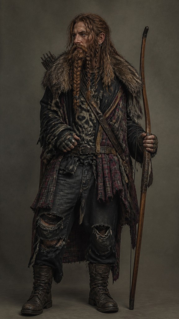 full-body original character: a dwarven ranger with a braided auburn beard, worn leather armor, a longbow and a wolf-pelt cloak, neutral background, no text — Grunge Fashion Style tabletop character portrait