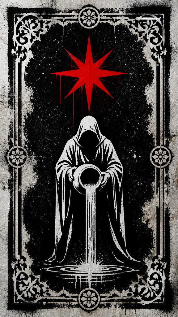 a robed figure pouring water beneath a large eight-pointed star in a night sky, symmetrical composition with an ornate decorative border, no text — Stencil Street Art Style tarot card