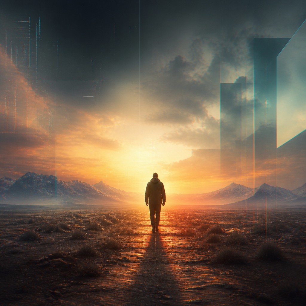 a solitary figure walking toward a glowing horizon across an empty plain, moody atmosphere, no text or lettering — Contemporary Digital Landscape Art Style album cover