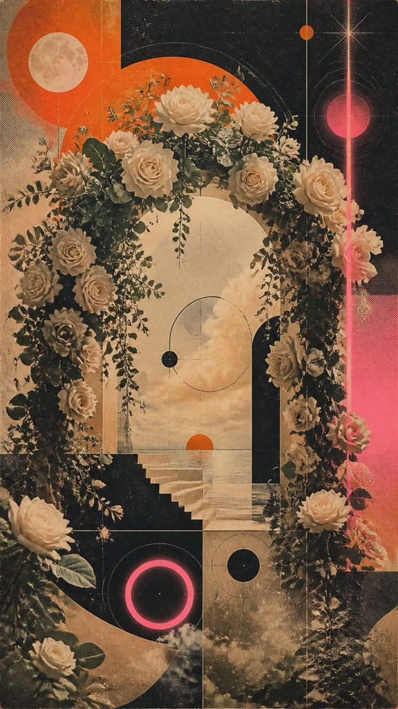 an arch of white roses and eucalyptus in soft morning light, elegant vertical composition with open space, no text — Retro-Futuristic Pop Surrealism wedding invitation
