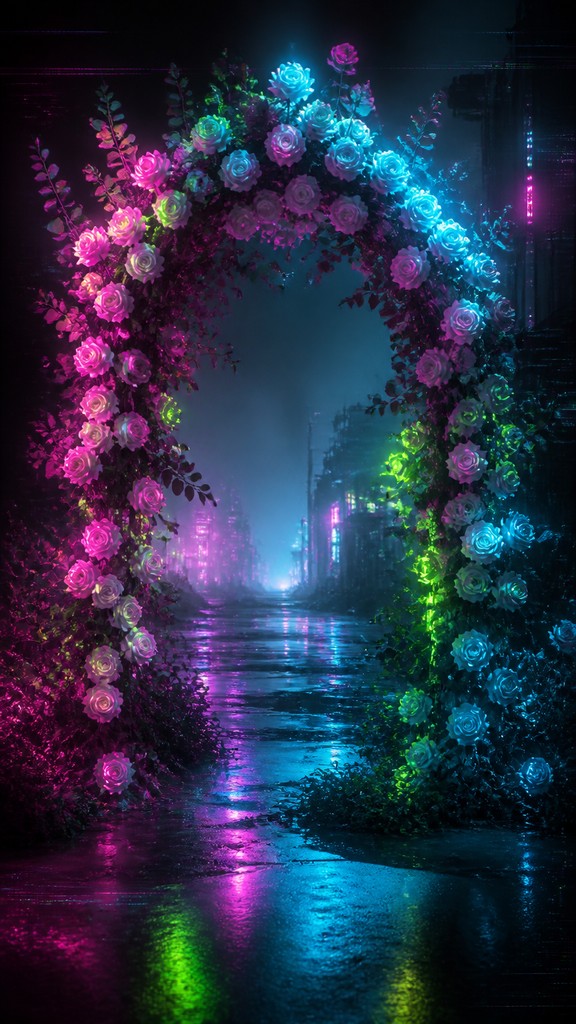 an arch of white roses and eucalyptus in soft morning light, elegant vertical composition with open space, no text — Cyberpunk Art Style wedding invitation