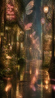 a quiet rainy city street at night reflecting neon signs, no people — Fairycore Aesthetic wallpaper