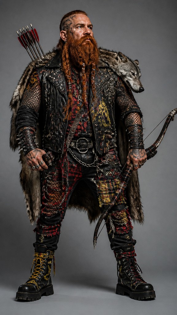 full-body original character: a dwarven ranger with a braided auburn beard, worn leather armor, a longbow and a wolf-pelt cloak, neutral background, no text — Punk Fashion Style tabletop character portrait
