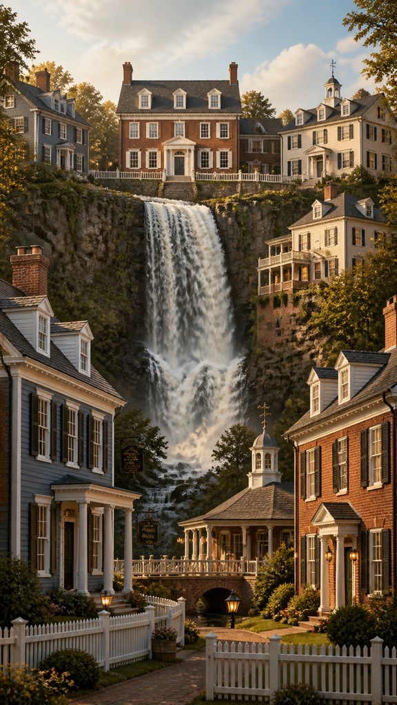 towering waterfall cascading down a cliff — Colonial Architecture