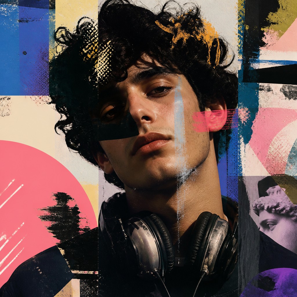head-and-shoulders portrait of an original character: a young man with curly dark hair and headphones around his neck, plain backdrop, no text — Postmodernism Art Style Discord profile picture