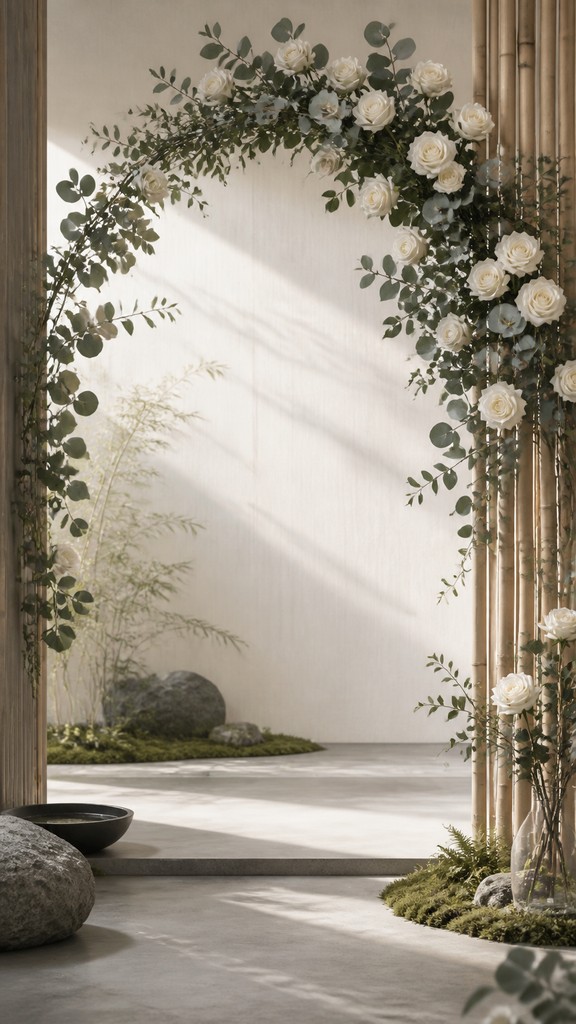 an arch of white roses and eucalyptus in soft morning light, elegant vertical composition with open space, no text — Japanese Architecture Art wedding invitation