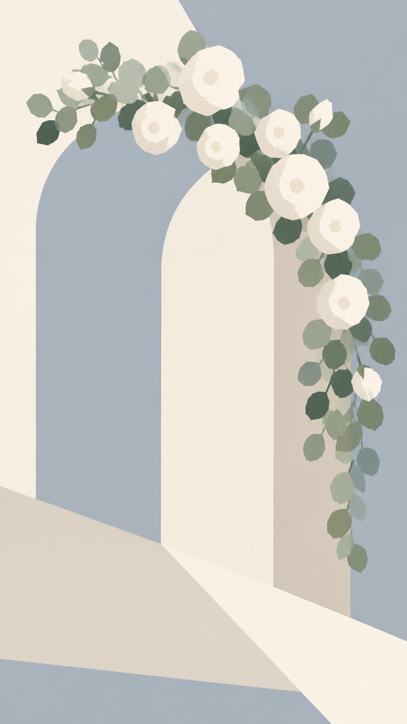 an arch of white roses and eucalyptus in soft morning light, elegant vertical composition with open space, no text — Color Field Minimalism Art Style wedding invitation