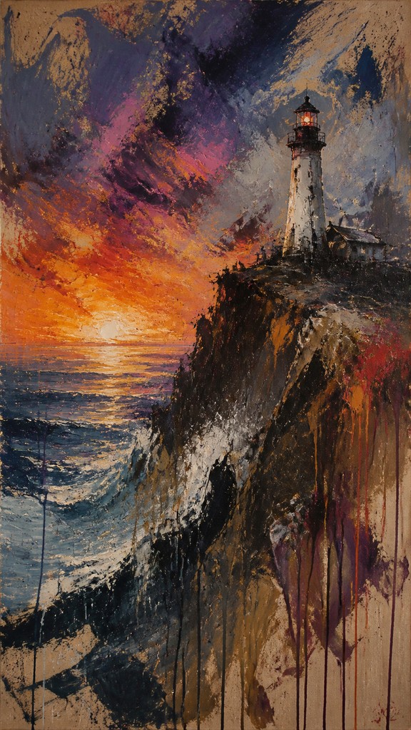 a lone lighthouse on a cliff at dusk under a dramatic sky, no text or lettering — Abstract Expressionism Art Style poster
