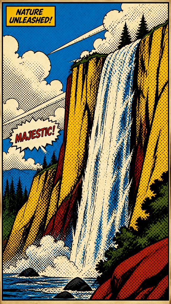 towering waterfall cascading down a cliff — Comic Book Pop Art Style