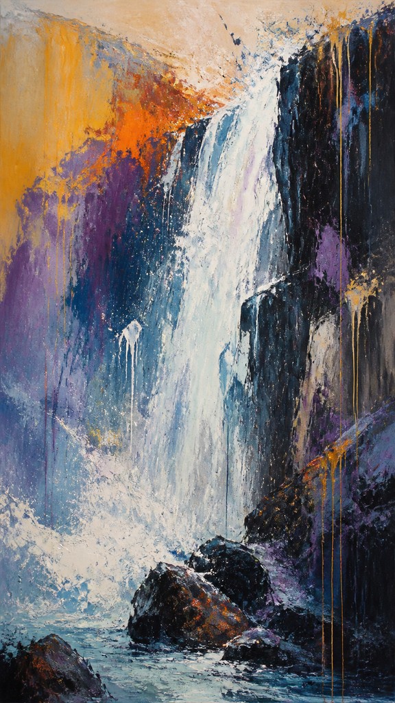 towering waterfall cascading down a cliff — Abstract Expressionist Modern Art Style