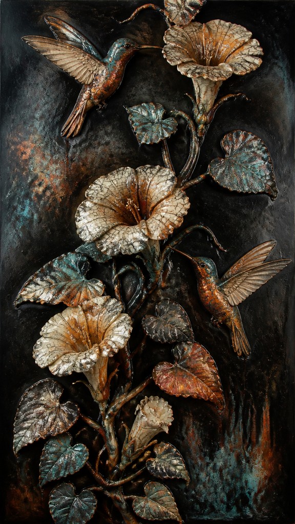 a climbing vine of flowers and hummingbirds on a dark background, tall wrapping composition, no text — Japanese Raku Ceramic Art Style phone case design