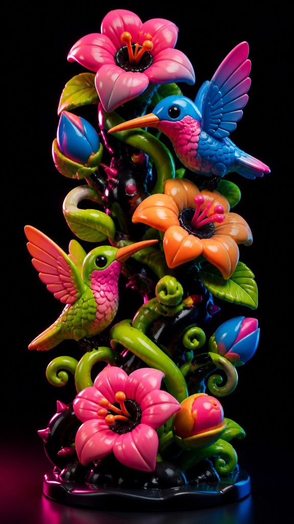 a climbing vine of flowers and hummingbirds on a dark background, tall wrapping composition, no text — Japanese Toy Art (Sofubi) phone case design