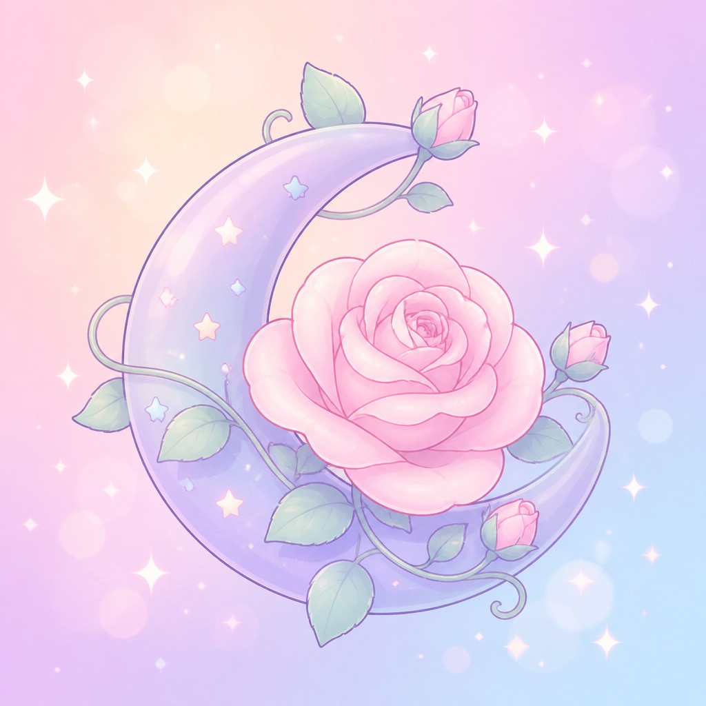 a rose entwined with a crescent moon, clean balanced composition on a plain background, no text — Kawaii Pastel Anime Art Style tattoo design