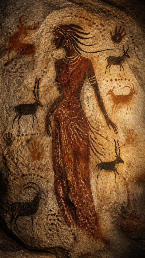 full-length portrait of an elegant figure — Prehistoric Cave Art Style