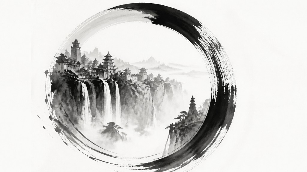 a cliffside city with waterfalls cascading into a misty canyon, wide establishing shot, no people, no text — Zen Circle Minimalism Art Style concept art