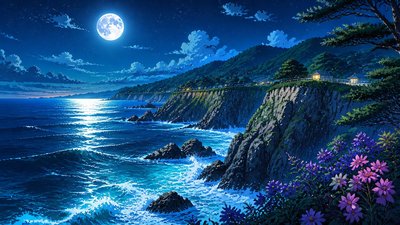 a moonlit coastline with cliffs and crashing surf, no people — Anime Art Style wallpaper