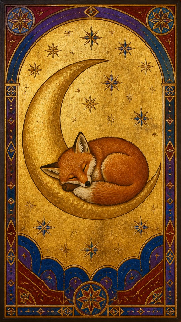 a sleeping baby fox curled on a crescent moon among soft stars, gentle and warm, no text — Byzantine Religious Art baby announcement