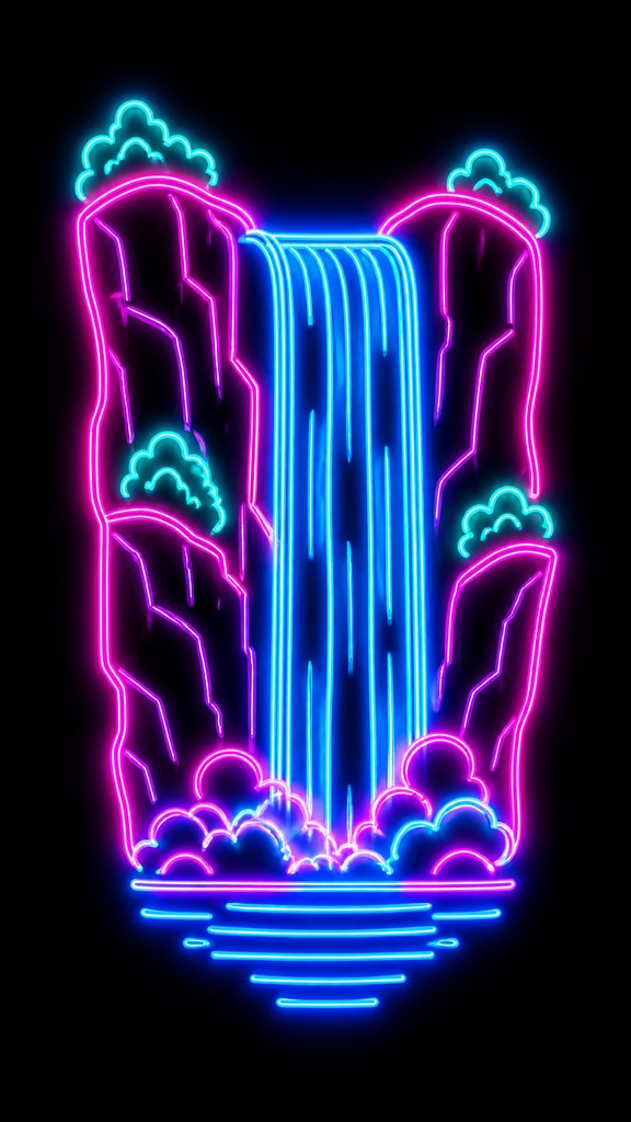 towering waterfall cascading down a cliff — Neon Icon Design