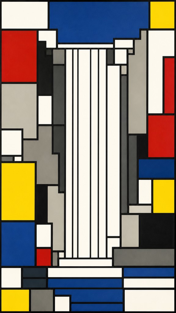 towering waterfall cascading down a cliff — De Stijl Art Style