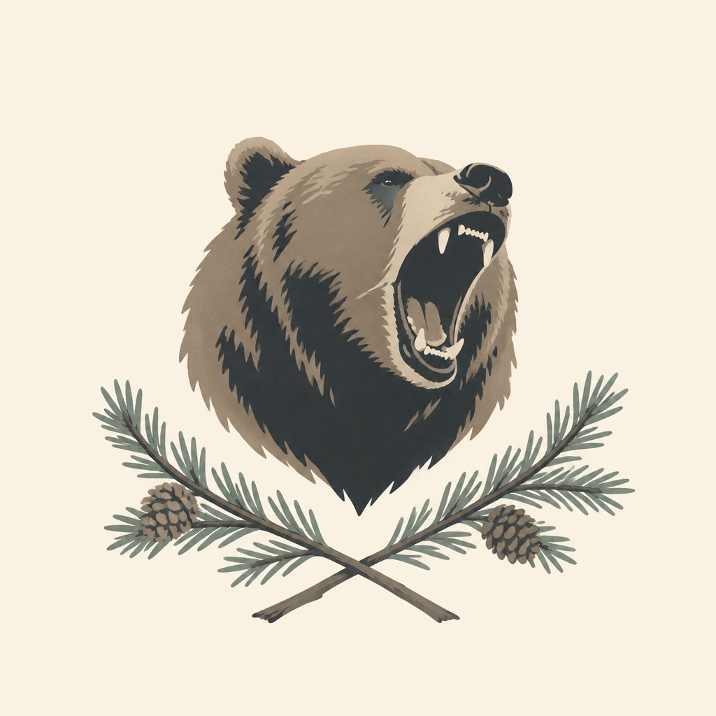 a roaring bear head above crossed pine branches, bold graphic composition on a plain background, no text — Minimalist Landscape Art Style t-shirt design