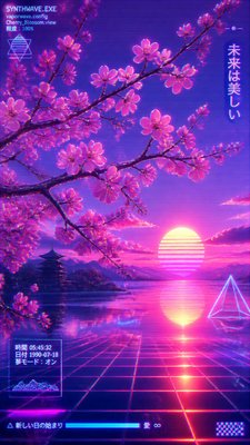 cherry blossom branches against a soft dawn sky, no people — Vaporwave Art Style wallpaper