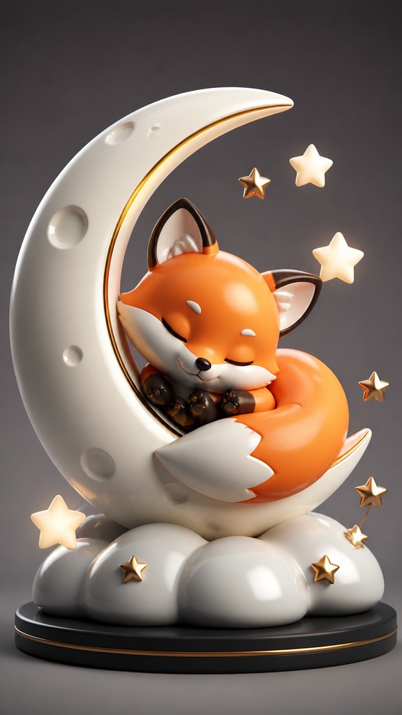 a sleeping baby fox curled on a crescent moon among soft stars, gentle and warm, no text — Art Toy Sculpture baby announcement