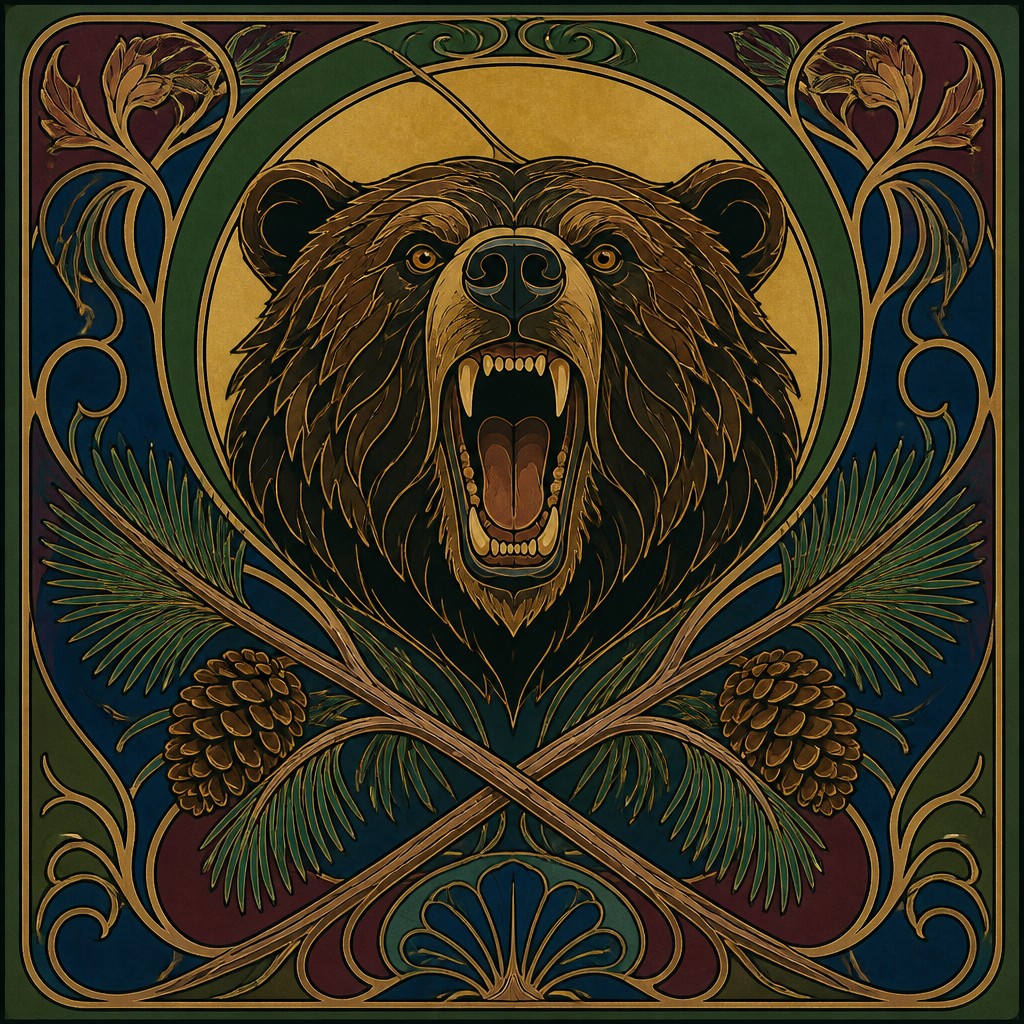a roaring bear head above crossed pine branches, bold graphic composition on a plain background, no text — Art Nouveau Style t-shirt design