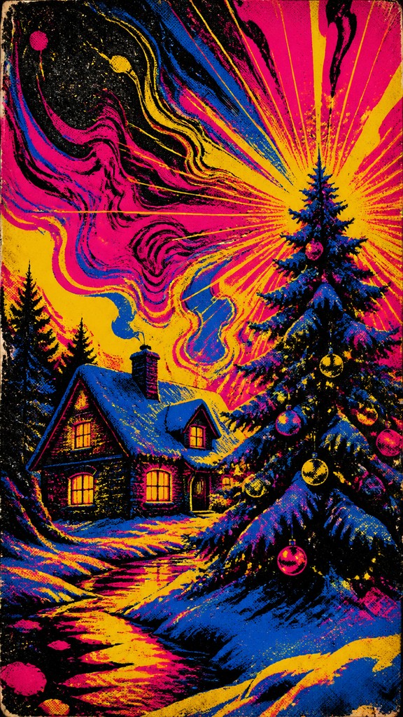 a snow-covered cottage with warm glowing windows beside a decorated pine tree, gentle snowfall, no text — Concert Poster Design Christmas card