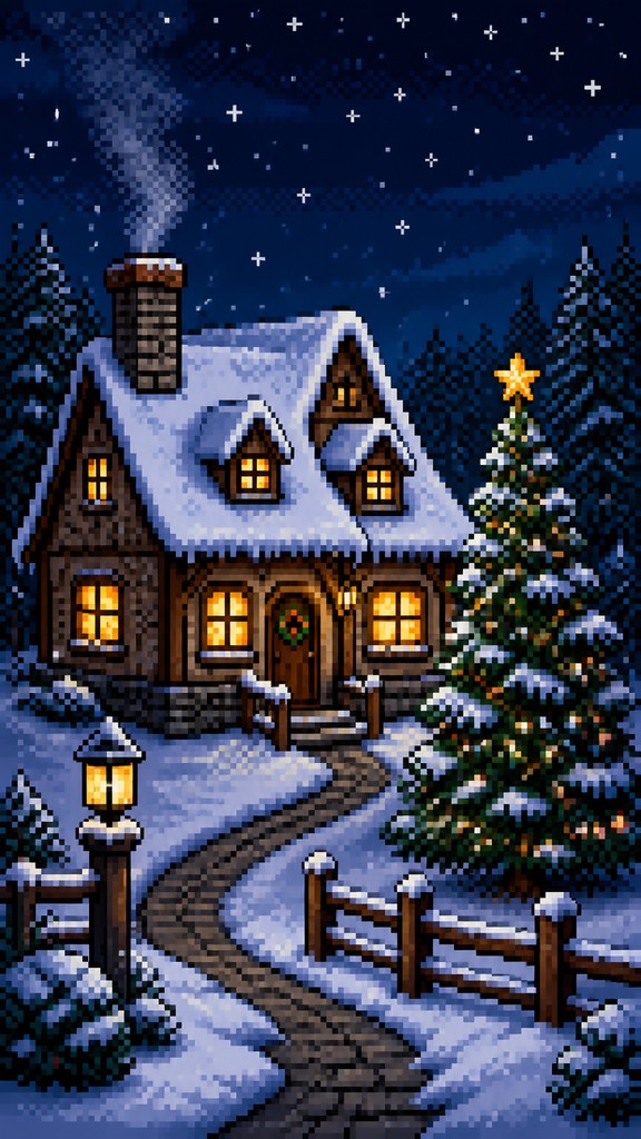 a snow-covered cottage with warm glowing windows beside a decorated pine tree, gentle snowfall, no text — Pixel Art Style Christmas card