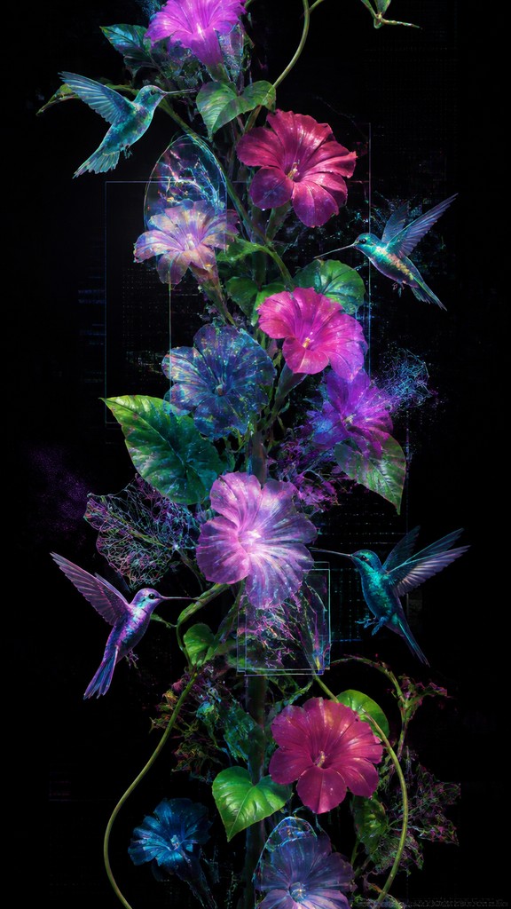 a climbing vine of flowers and hummingbirds on a dark background, tall wrapping composition, no text — Augmented Reality Contemporary Art Style phone case design