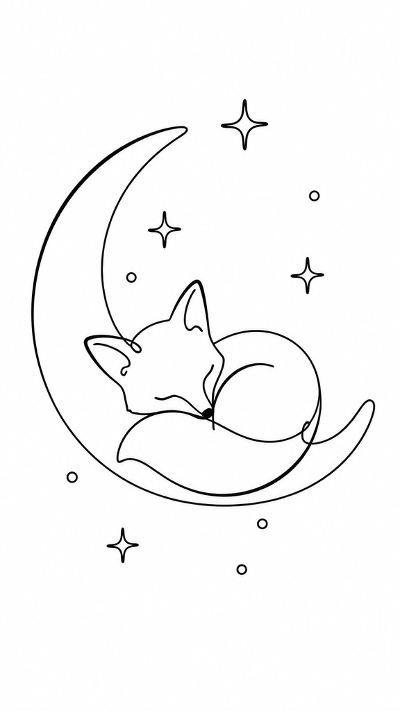 a sleeping baby fox curled on a crescent moon among soft stars, gentle and warm, no text — Minimalist Line Portrait Style baby announcement