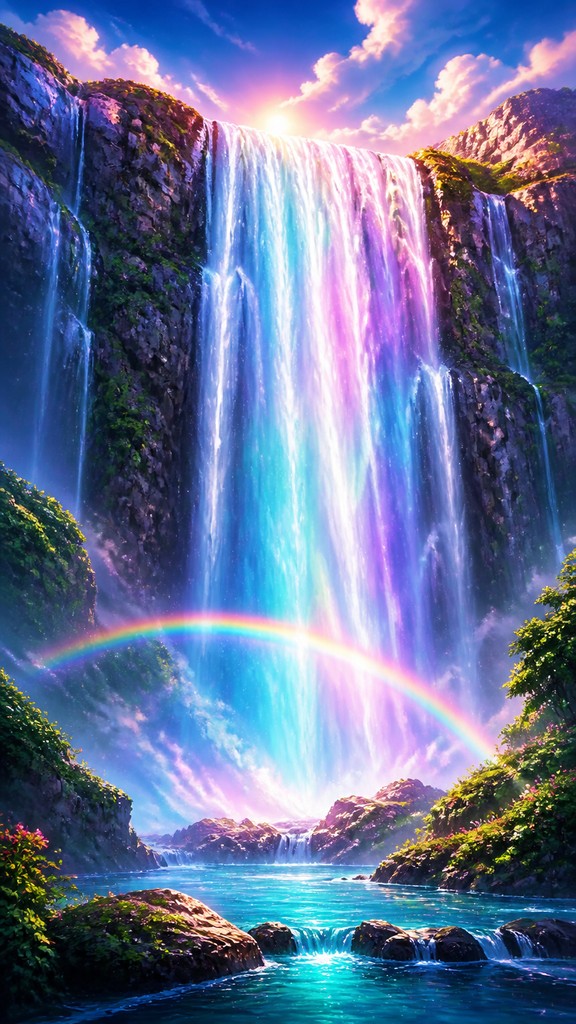 towering waterfall cascading down a cliff — Digital Art Style