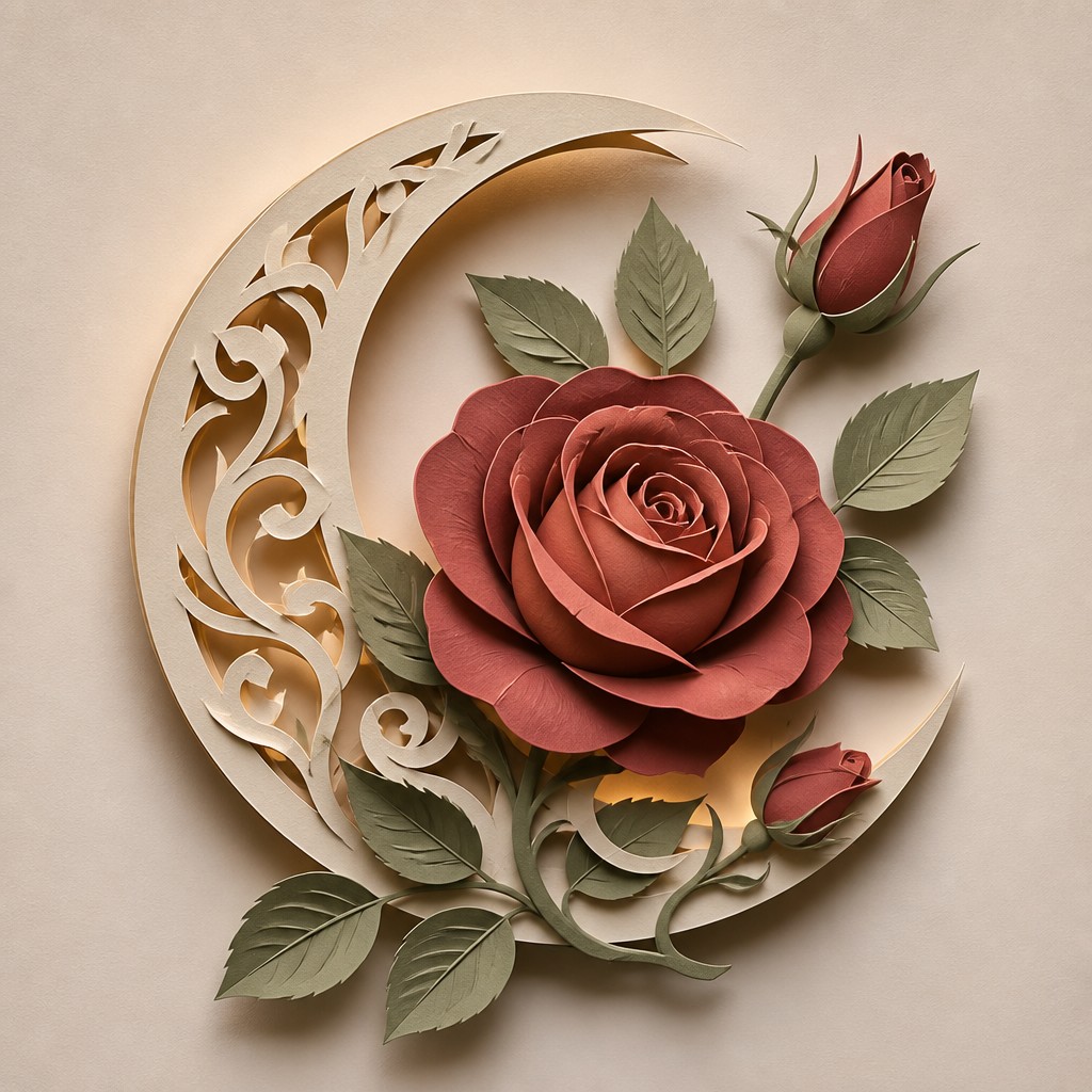 a rose entwined with a crescent moon, clean balanced composition on a plain background, no text — Paper Cut Art Style tattoo design