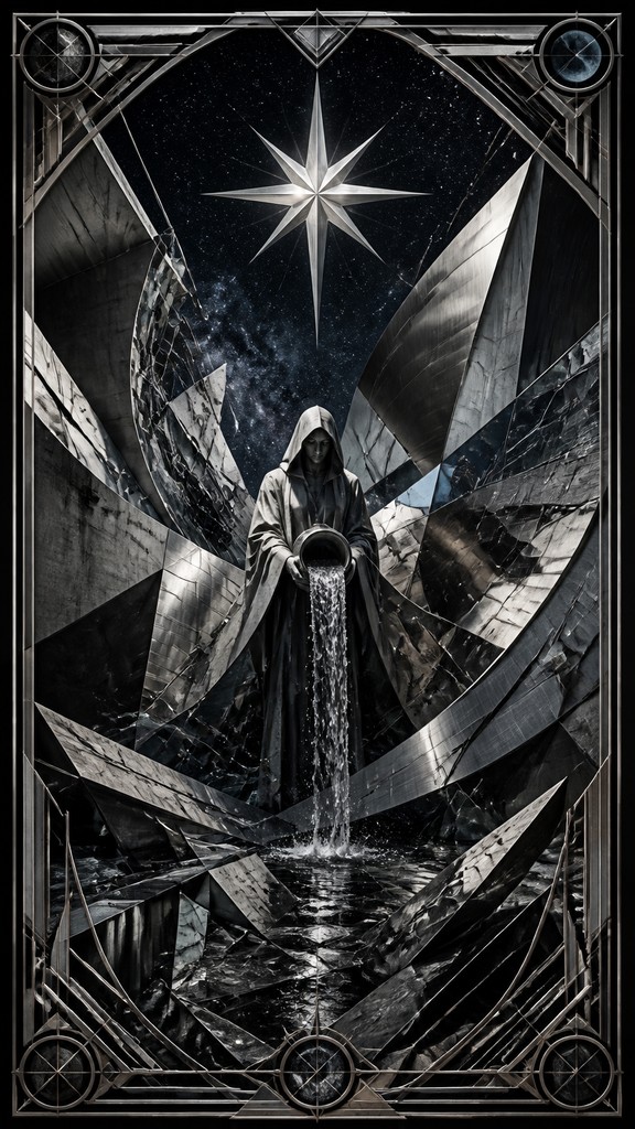 a robed figure pouring water beneath a large eight-pointed star in a night sky, symmetrical composition with an ornate decorative border, no text — Deconstructivist Architecture tarot card