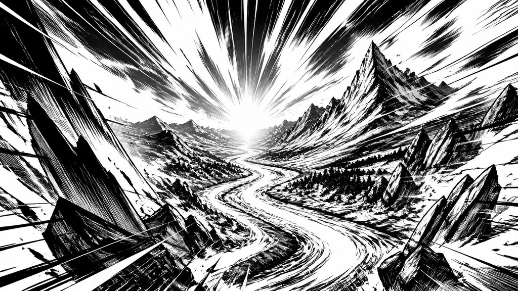 a vast valley with a river winding toward distant mountains at sunrise, no people, no text — Shonen Battle Manga Art Style desktop wallpaper