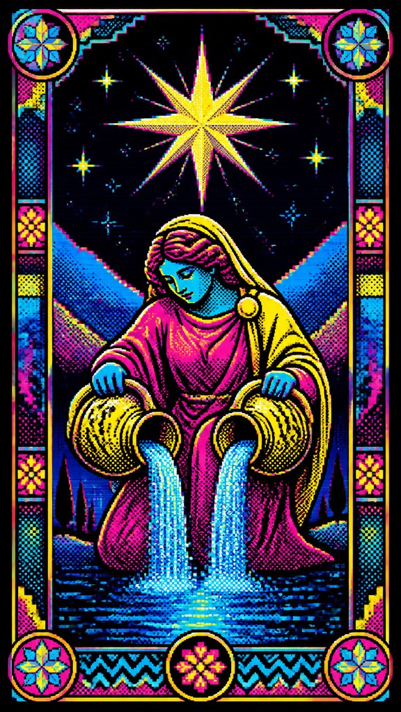 a robed figure pouring water beneath a large eight-pointed star in a night sky, symmetrical composition with an ornate decorative border, no text — Digital Pop Art Style tarot card