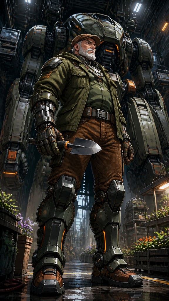 full-length portrait of an original character: a stocky older gardener with a short white beard, brown flat cap, olive waxed jacket, corduroy trousers and rubber boots, holding a trowel — Mecha Anime Art Style