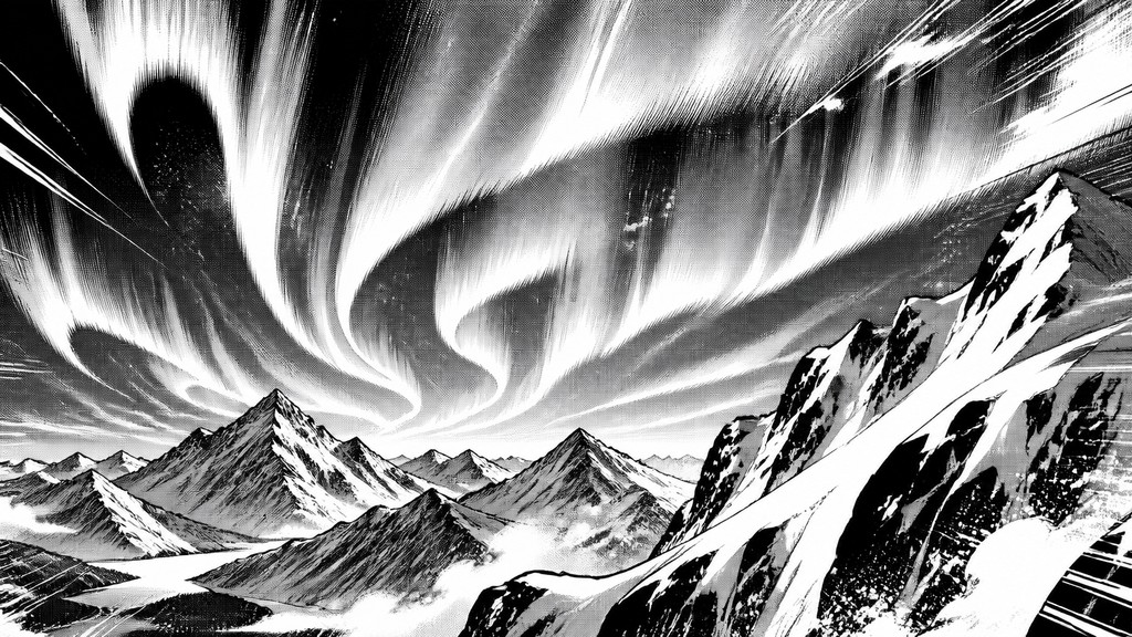 a flowing aurora over snowy peaks, wide sweeping composition, no people, no text — Manga Comic Art banner