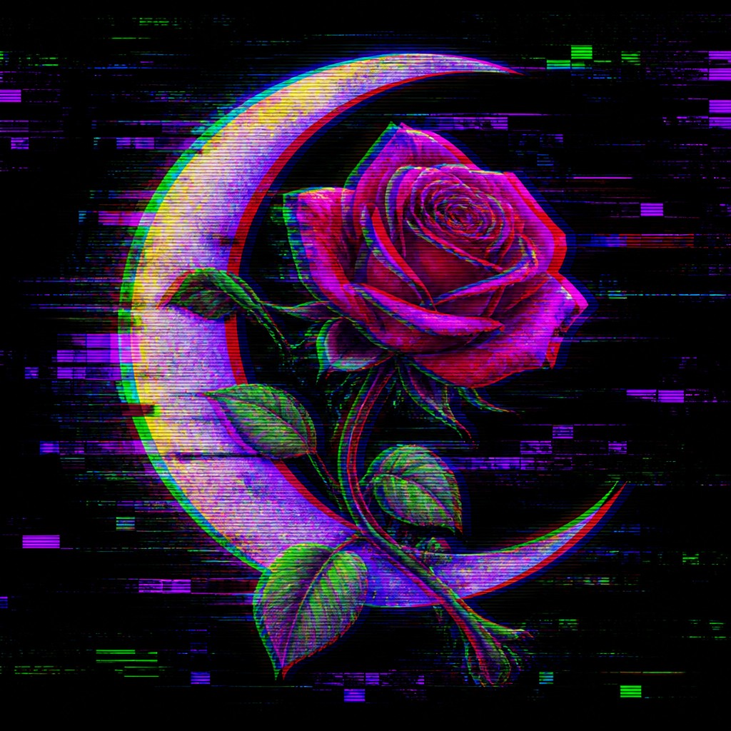 a rose entwined with a crescent moon, clean balanced composition on a plain background, no text — Glitch Digital Art Style tattoo design