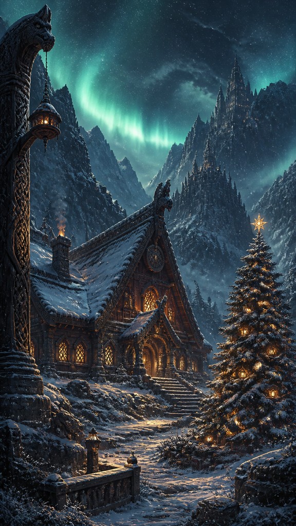 a snow-covered cottage with warm glowing windows beside a decorated pine tree, gentle snowfall, no text — Norse Fantasy Art Christmas card
