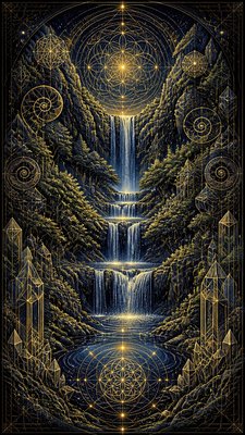 a cascading waterfall in a lush green gorge, no people — Sacred Geometric Art wallpaper