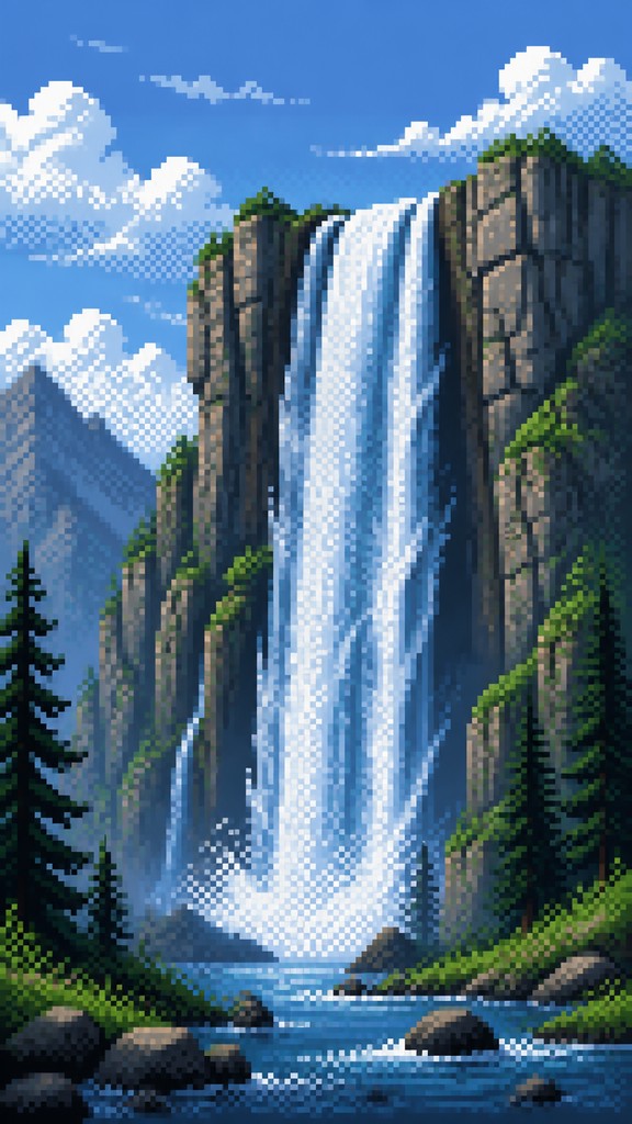 towering waterfall cascading down a cliff — Pixel Digital Art Style